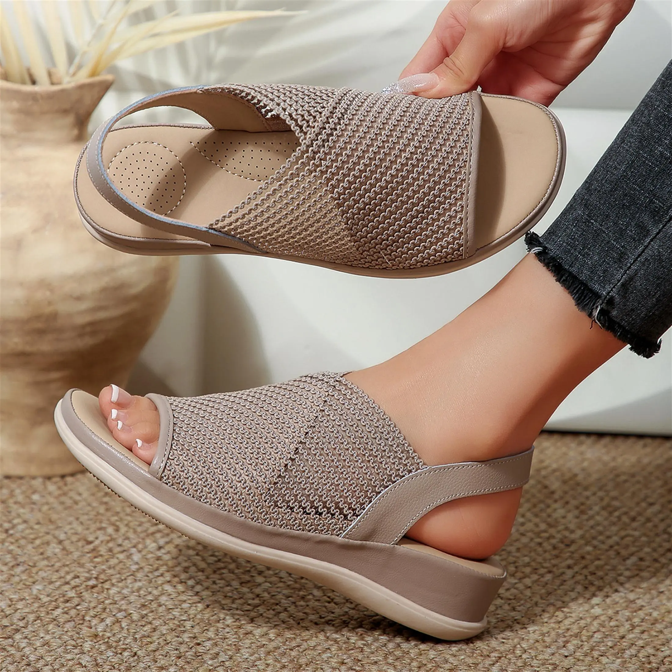 Women's Breathable Sandals Knit Wedge Sandals Elastic Slingback Open Toe Shoes for Walking & Shopping Springfresh