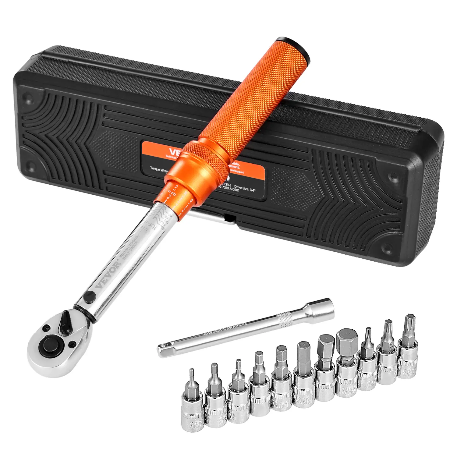 【Summerfinds】VEVOR Heavy Duty Wrench, 1/4 Inch Drive Click Ratchet Torque Wrench Set, 20-200lbf-in/2.3-22.6N.m, 72-Tooth ±3% Accurate, Dual-Direction Dual Range Scales, Tools for Mechanics, Bit Sockets & Extension Bar for Bicycle Repair, Orange, Inches/Nm