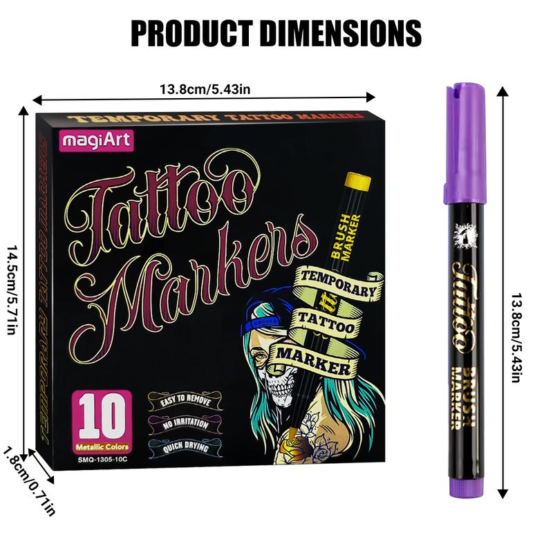 Temporary Tattoo Markers for Skin, 10 Count Body Markers 10 Color Tattoo Pens, Flexible Brush Tip, Bright Colors, Cosmetic Quality Face Paint Kit, Perfect Valentines Gifts