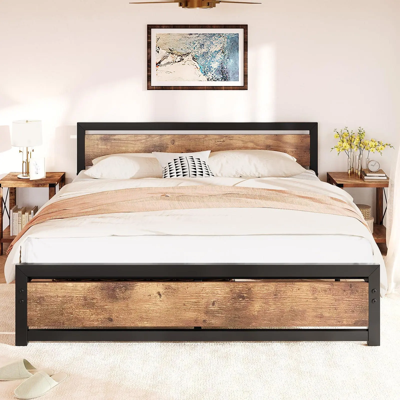 King Size Sturdy Bed Frame Set - 14-Inch Rustic Industrial Headboard Storage Platform, No Box Spring Needed, 81"l x 77.15"w x 37.2"h, Easy Assembly, Retro Brown Indoor Furniture, King Size Bed Frame Set