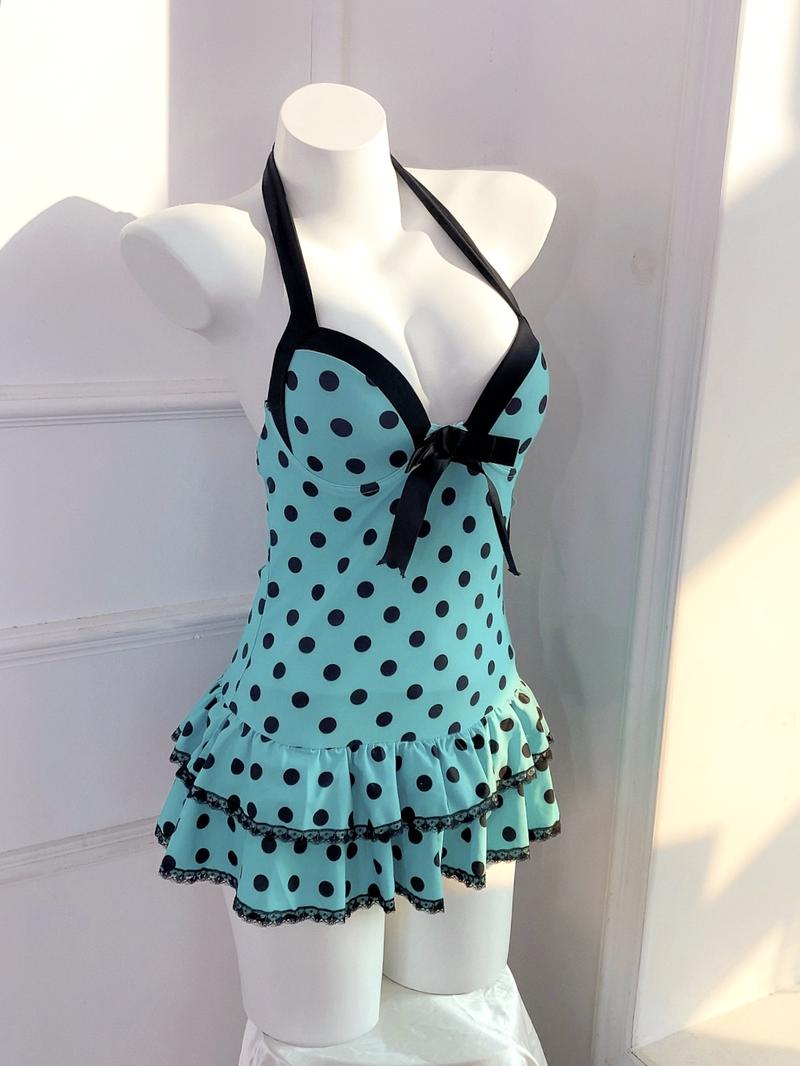 Blue 1940s Halter Polka Dots Bow One-Piece Swimsuit