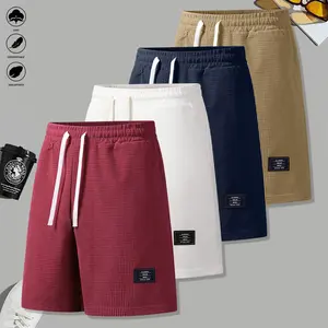4-piece set, men's corduroy shorts, solid color, casual shorts, side pockets, drawstring elastic waistband, suitable for daily wear and vacation, beige, men's shorts