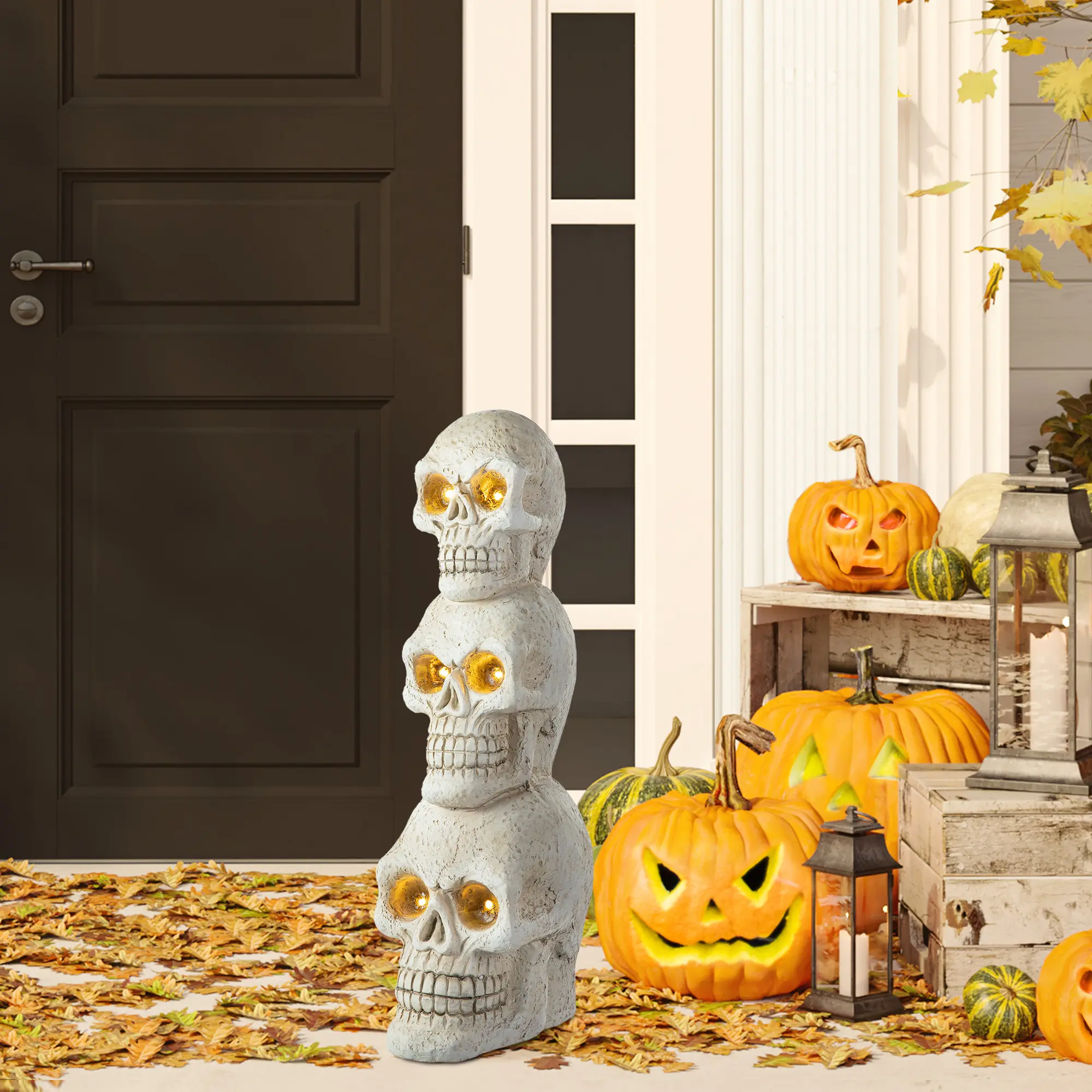 Glitzhome 25.50"H Lighted MGO Skull Decoration with Timer, Glowing Skull Outdoor Holiday Decorations, Skeleton Decor Outdoor Holiday Ornaments for Spooky Vibes Porch Display, Halloween, Skeleton Decor Outdoor Holiday Decorations