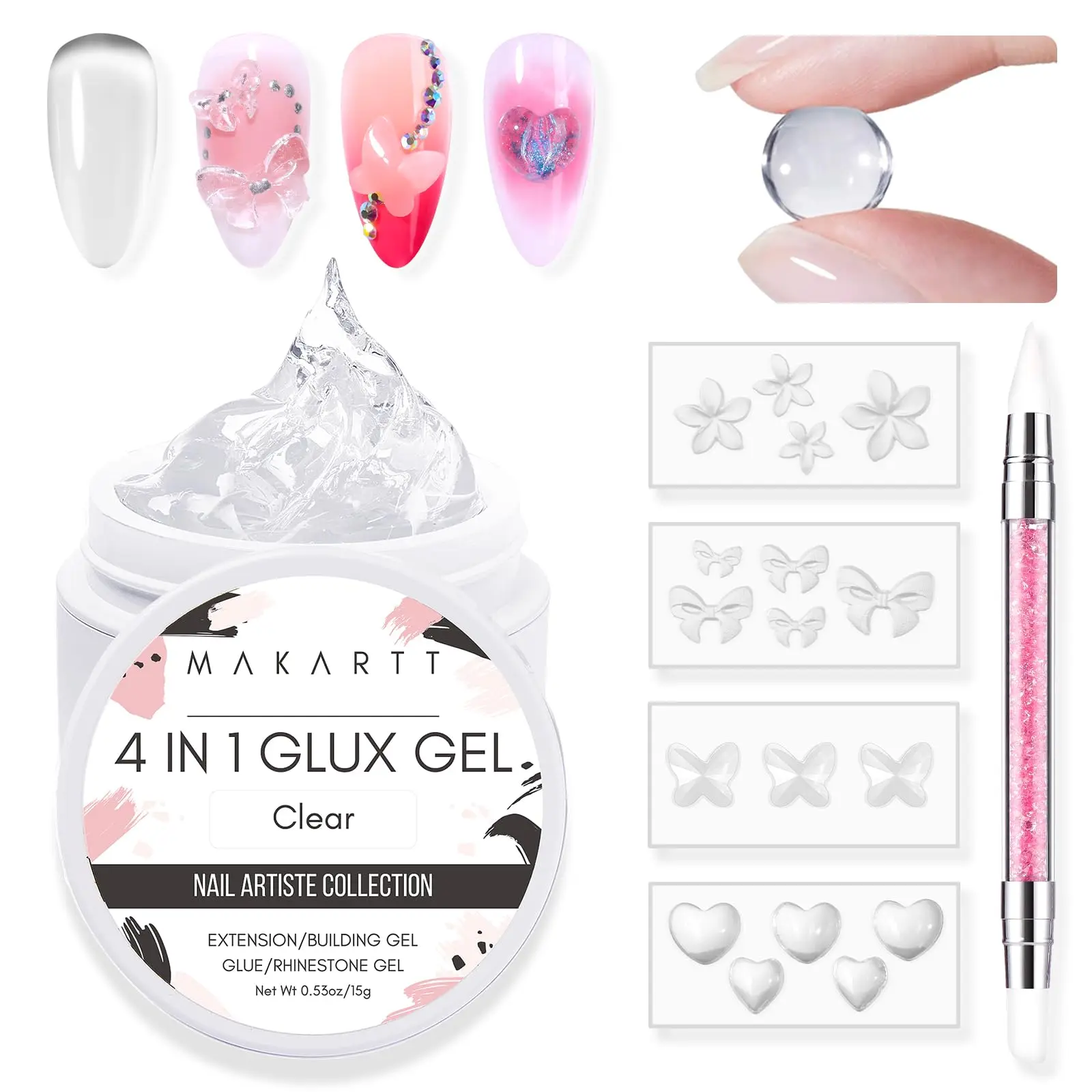 Makartt Solid Gel Builder Mini Kit for 3D Scupting DIY-15ML 4 in 1 Nail Extension Gel,4 pcs Silicone Molds,1 Sculpting Brush,UV Glue for Acrylic Nails Rhinestones Gel Molding Manicure Hard Gel Kit Nail Art Nail Care Clear Long Lasting Comfort
