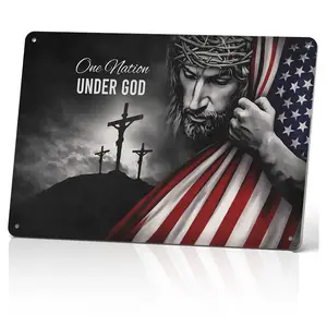 One Nation Under God Jesus With American Flag & Calvary Cross 8x12 Inch Aluminum Metal Sign - Patriotic Religious Wall Decor For Entryway, Church, Man Cave - Retro Tin Sign Gift For Christians & Patriots Ornaments