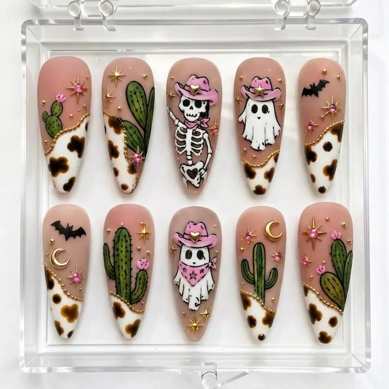 Ghost Cowgirl Press On Nails 3D Spooky Western Skeleton Cowboy Desert Cactus Y2K