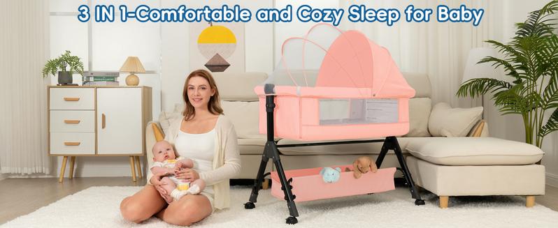 Baby Bassinet Crib, Crib for Infant&Newborn, Bedside Sleeper with Storage Basket and Mosquito Net, Easy to Fold, Height Adjustable, Portable Side Bed Crib Baby Bassinet Crib, Crib for Infant&Newborn, Bedside Sleeper with Storage Basket and Mosquito Net, Easy to Fold, Height Adjustable, Portable Side Bed Crib