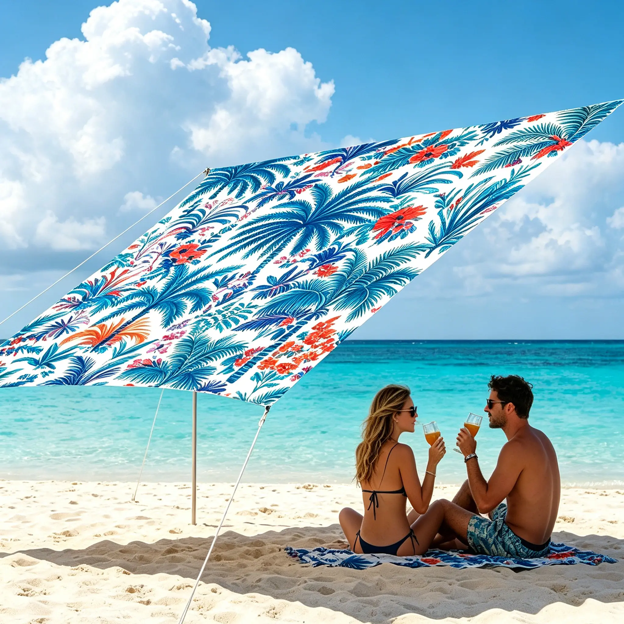 Waterproof Beach Umbrella with Chic Boho Floral Mandala, Portable UV Protection Sun Shelter for Patio, Garden, and Pool, Sun Protection, Tropical, Portable Sun Shelter, Outdoor