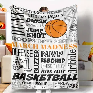 Basketball March Madness Flannel Blanket Sports Typography Print Pattern Soft Warm Breathable Cozy Throw Perfect for Bedroom Sofa Office Gym Lounge Watching Games Gift Decor