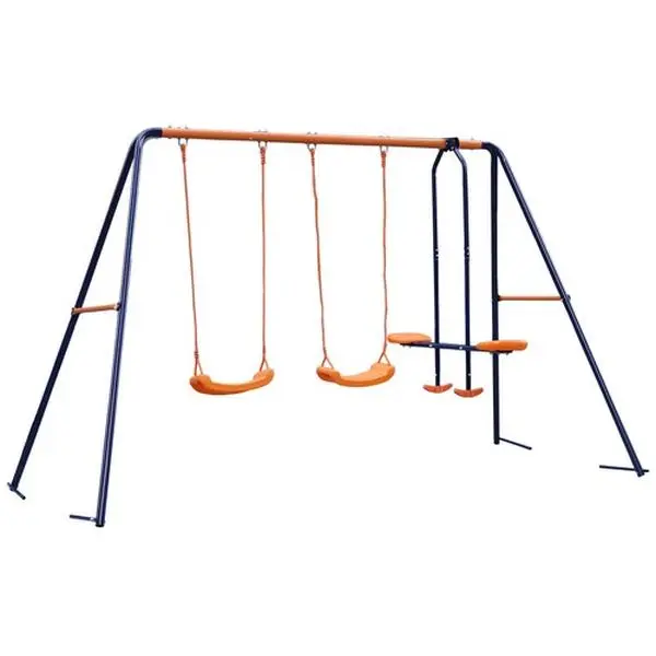 Segawe Heavy-Duty Playground Equipment, Outdoor Double Play Swing Set with Plastic Slide, 2 Seats, 440lbs Capacity for Toddlers, Backyard Lawn Use, Fun to Birthday Parties
