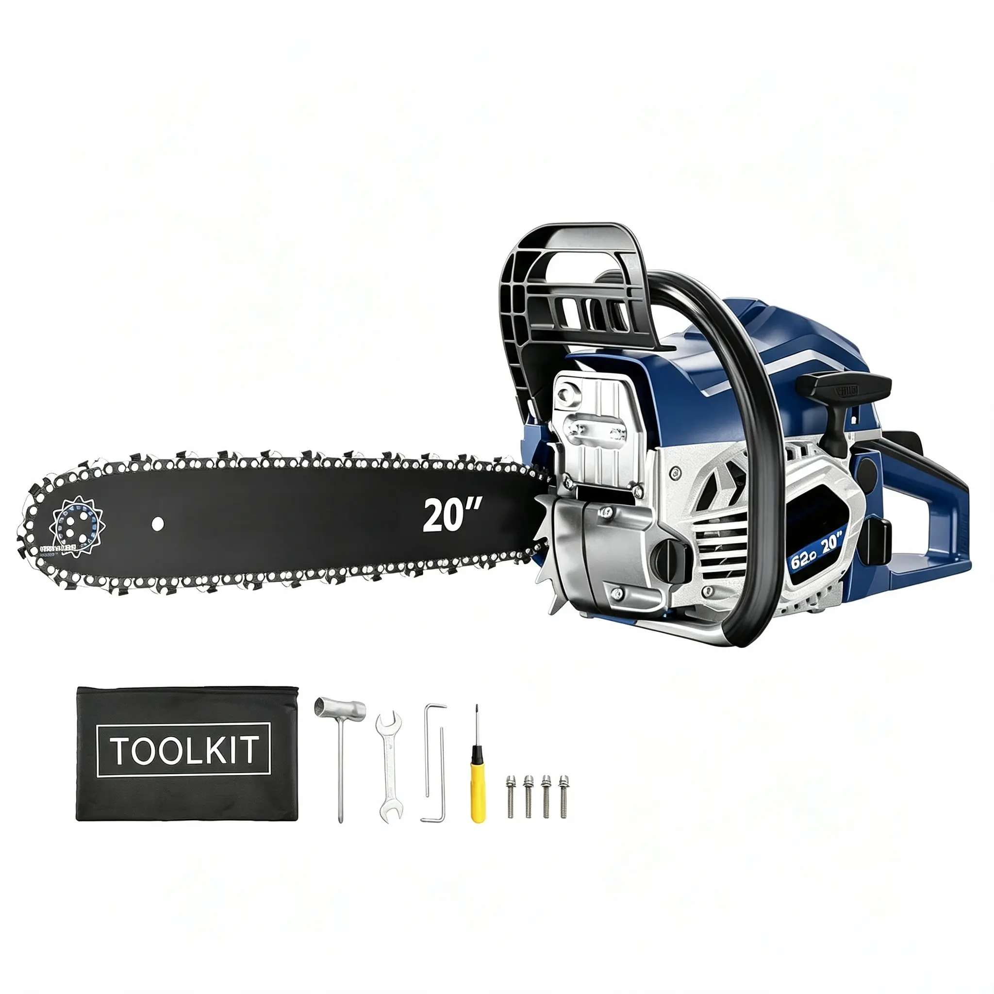 Handheld 62cc 2-Cycle Gas Chainsaw with 20" Blade, 20 Inches Overall Bar, Anti-Vibe System, Quick Start Tech for Tree Cutting, Firewood
