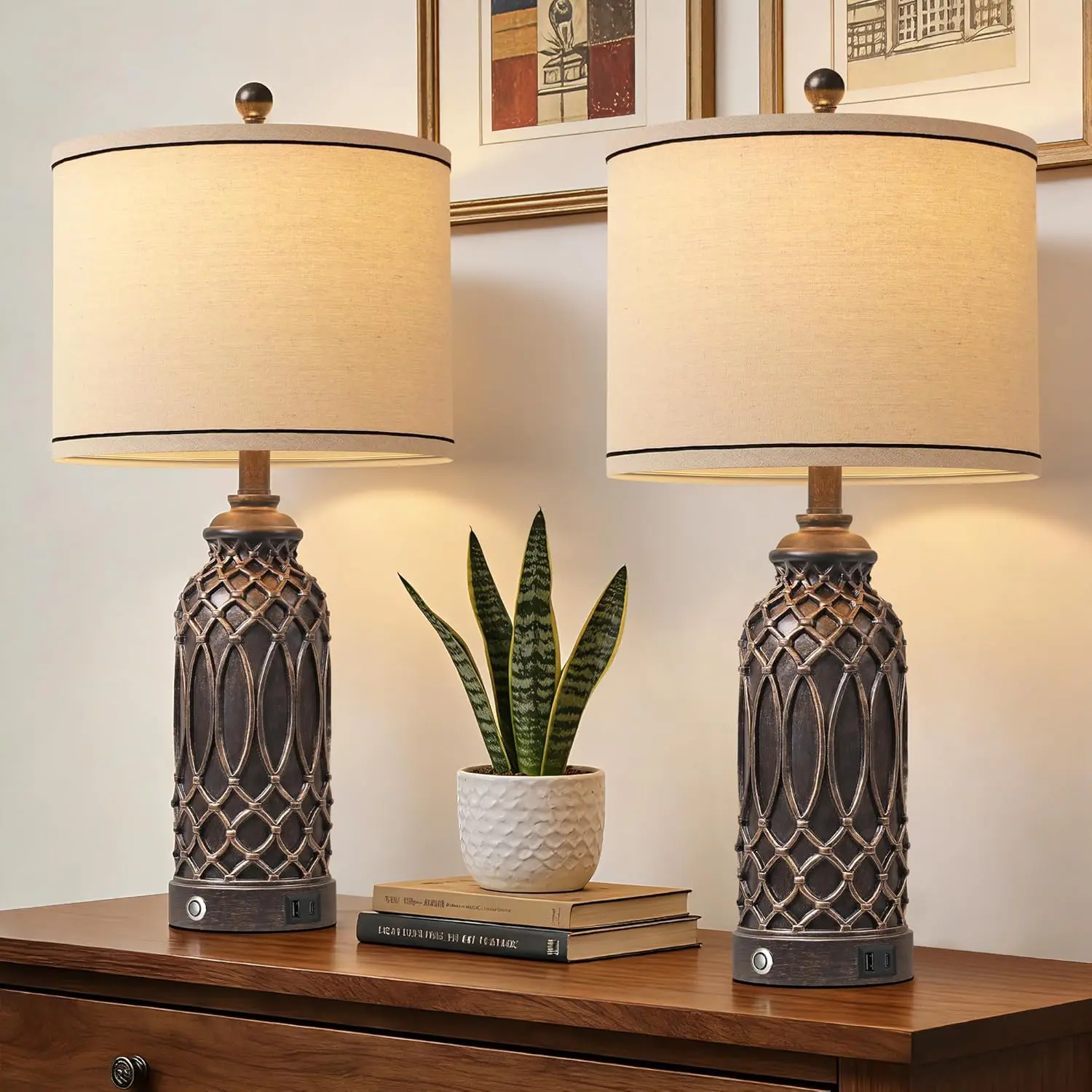 Farmhouse Table Lamps Set of 2, Black-Gold Resin Table Lamps with USB Ports, Touch Button Switch, Woven Wicker Pattern, Linen Shade, Nightstand Lamp for Decor (2 Bulbs Included)