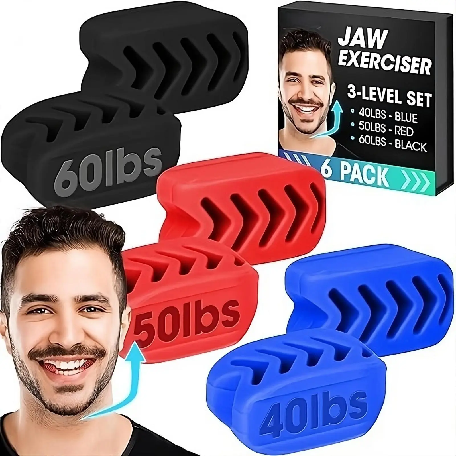 Silicone Jaw Exerciser 6-Piece Set - Jawline Definer, Double Chin Reducer & Facial Slimming Massage Tool with 3 Resistance Levels for Men & Women, Silicone Therapy Tools, Facial Slimming & Massage Tools