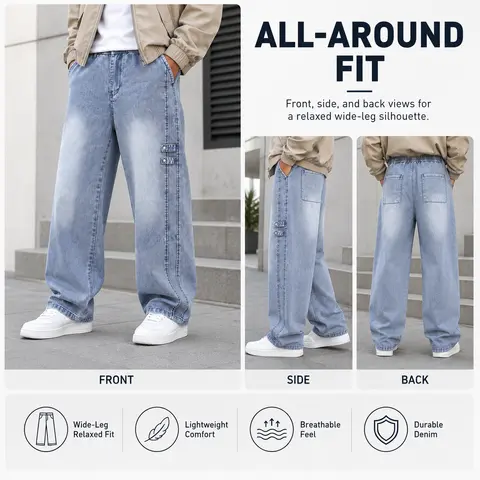 Men's Baggy Jeans - Vintage Lyocell Blend Denim, Classic Loose Straight Leg, Elastic Drawstring Waist, Lightweight Soft Streetwear Pants with Pockets
