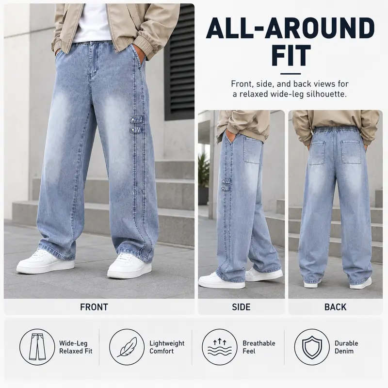 Men's Baggy Jeans - Vintage Lyocell Blend Denim, Classic Loose Straight Leg, Elastic Drawstring Waist, Lightweight Soft Streetwear Pants with Pockets