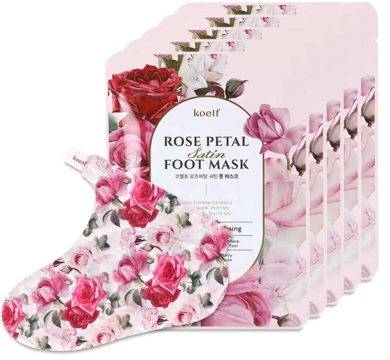 PETITFEE Rose Petal Satin Foot Mask (5pairs) - Intensive Nourishing Socks, Rose Scented Foot Repair Masks with Peptide, Collagen, Shea Butter, Urea for Silky Smooth Feet, Foot Treatment, Body Mask