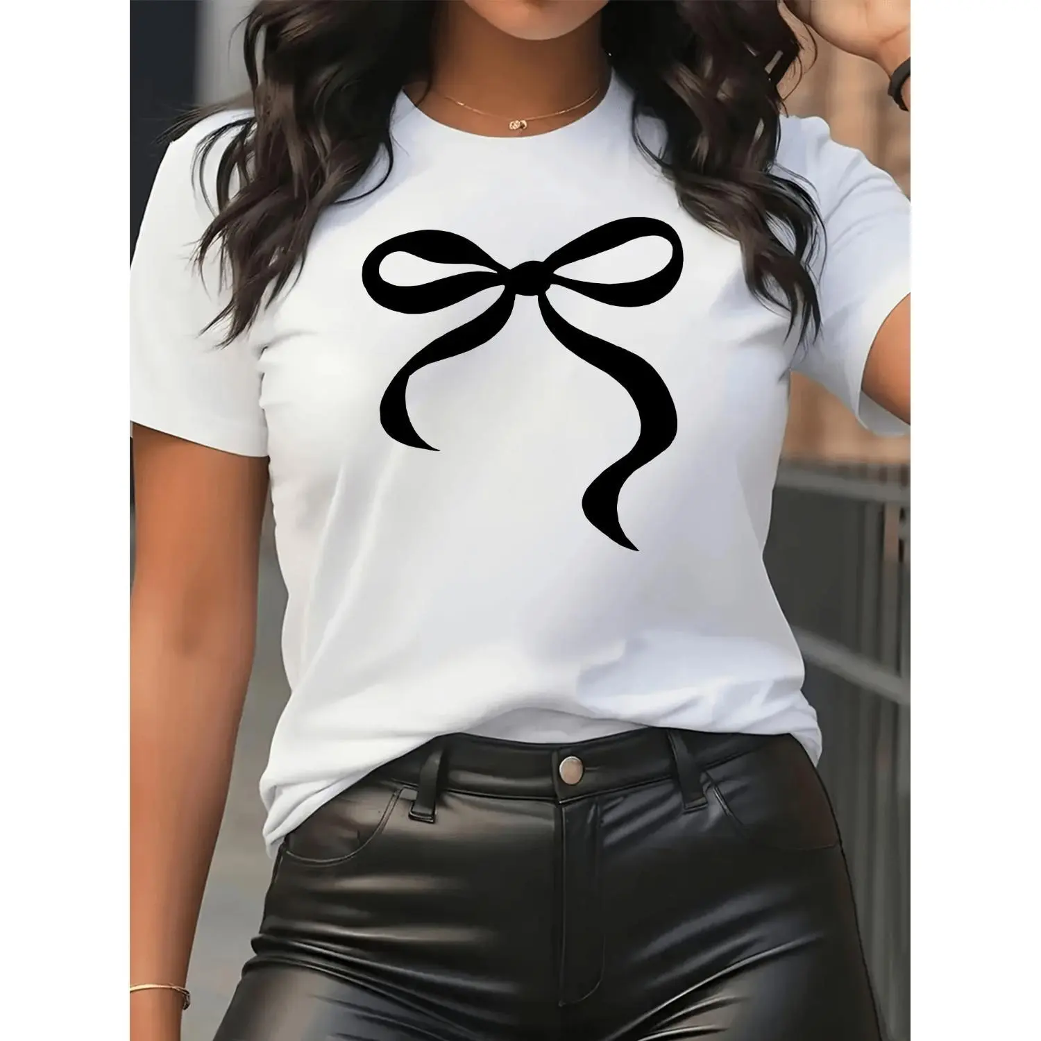 Women's Short Sleeve Round Neck T Shirt Featuring Black Satin Ribbon Design Sporty Casual Style Soft Breathable 95 5 Percent Fabric Ideal for Everyday Wear
