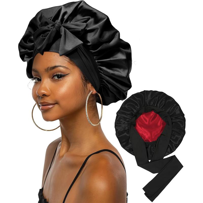 Large Double Layer Solid Satin Bonnets Silk Like Texture for Sleeping Cap with Elastic Band Reversible for Curly Hair Bonnets Gifts for Women