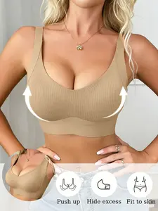 2026 New Women's Seamless Striped Sports Bra - Elegant V-Neck Breathable Fitness Bralette