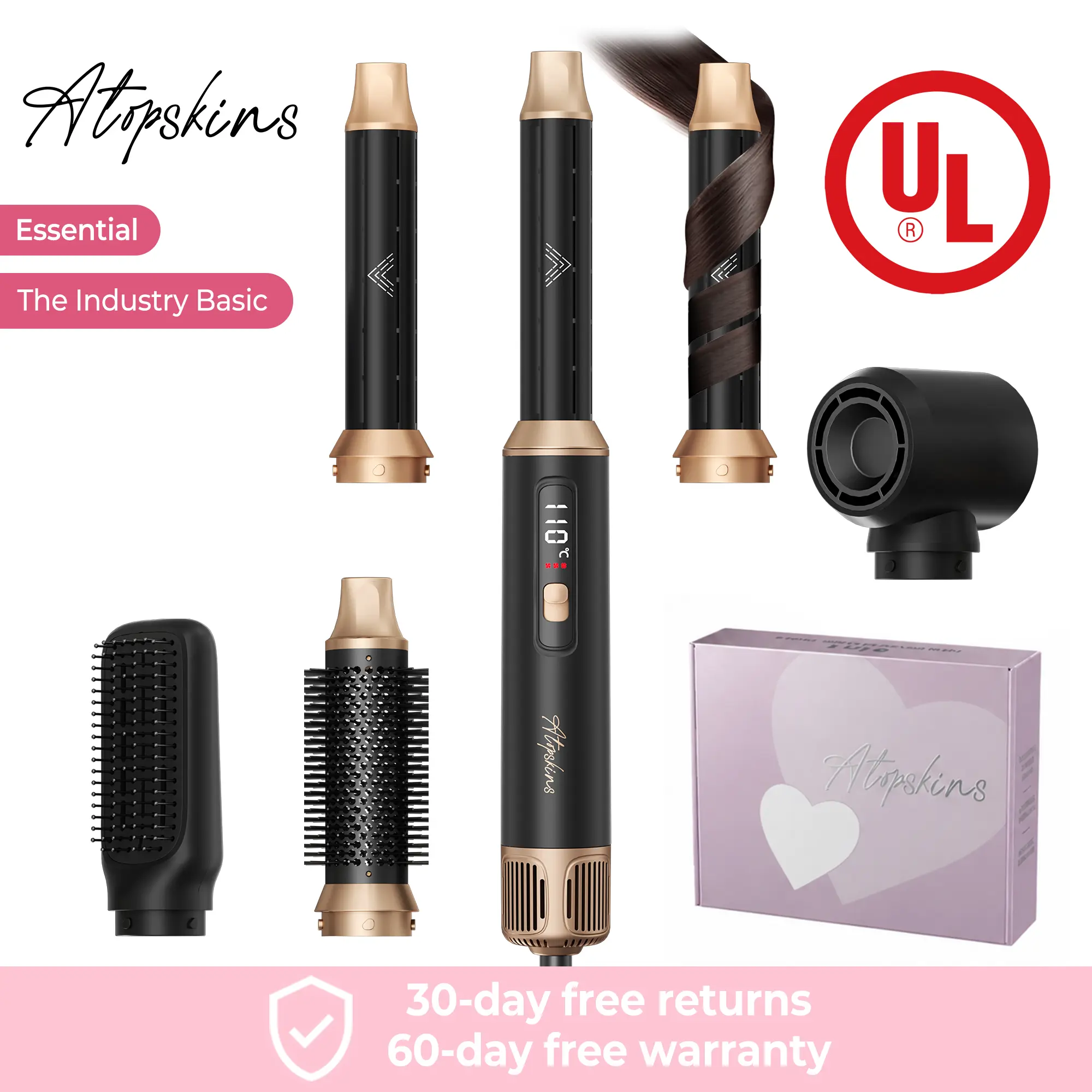 ATOPSKINS 5-in-1 LiteStyler,The Industry Basic :Soft Airflow & Ultra-Lightweight(The attachments are made of plastic）30-day free returns Hair Curling Iron Thermal Brush blow dryer,salon-quality styling tiktokshopbacktoschool