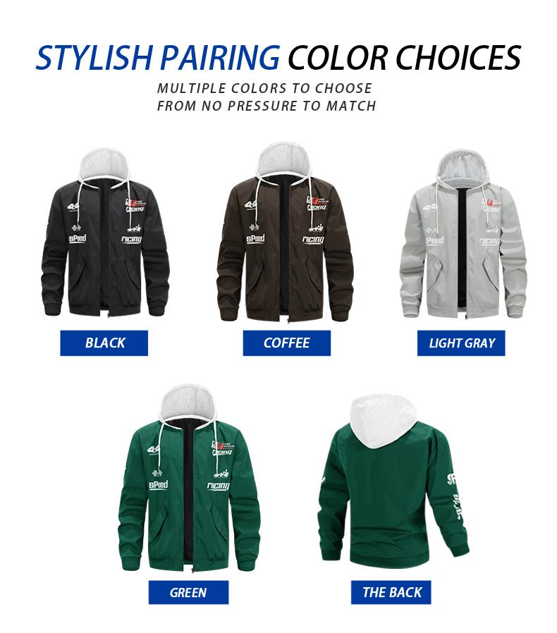 Men's stylish trendy versatile jacket with adjustable hood, featuring racing-themed print, windproof and abrasion-resistant surface design, suitable for competitions, street outings, attending racing-themed parties and gatherings, everyday casual wear, co