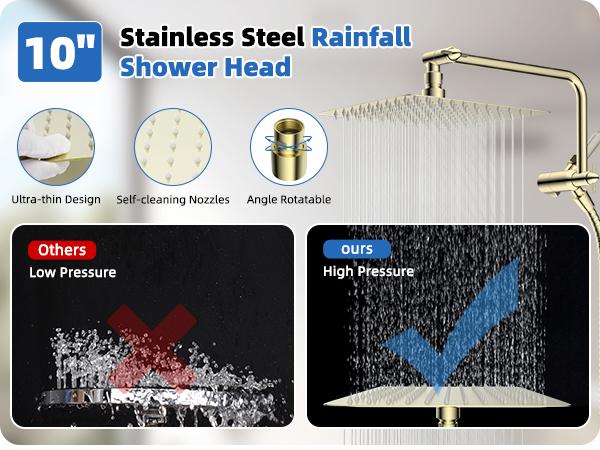 Hibbent All Metal Shower Head, 10" High Pressure Rainfall/Handheld Shower Combo with 11" Extension Arm, 10-Spray Handheld Showerhead, 71" Long Hose, 3-Way Diverter Valve, Shiny Gold