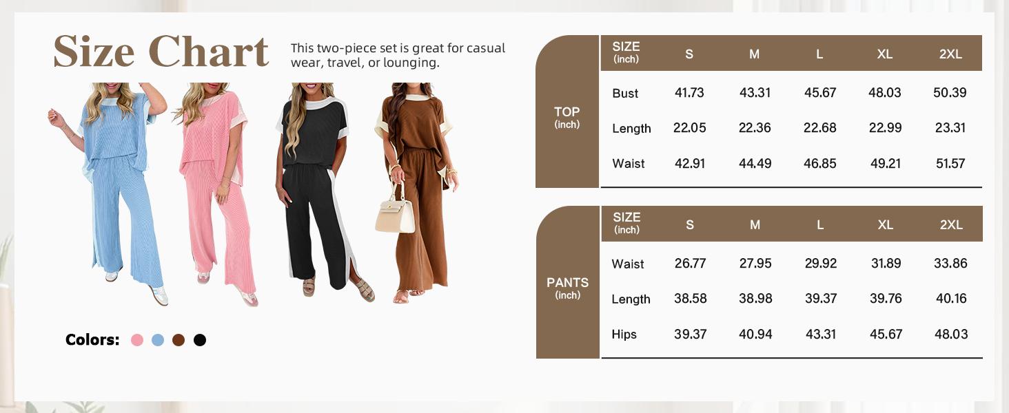 Fisoew Women’s Ribbed Two Piece Outfit Color Block Short Sleeve Top & Wide Leg Pants Set with Pockets SpringStatements