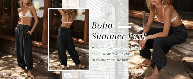 Ommig Womens Baggy Wide Leg Pants Casual Elastic Waisted Palazzo Harem Pants with Pockets