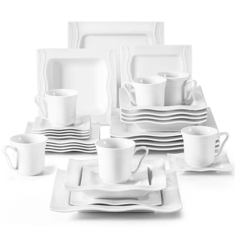 MALACASA Mario Series Ivory White Ceramic Tableware Kit, 28/30-Piece Square Set (30 Pcs Option) - Serve 6 Meals/Set, Lead-Free for Daily Meals, Stacks to Save Space, Includes Plates, Cups & Saucers, Microwave-Reheatable, Ideal for Weddings & Housewarming