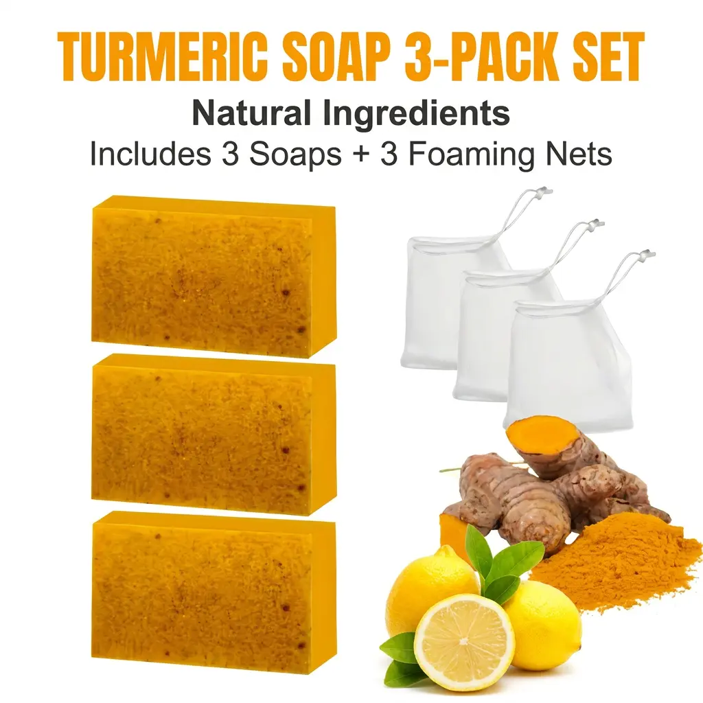 [BUY 1 GET 2 FREE]Lemon Turmeric 3pcs Kojic Acid Soap - Gentle Dark Spot Remover for Face Acne Cleanser Cream Cleansing turmeric soap Face Facial Skincare Radiant Comfort，Daily Skincare Cleanser Sets with Soap Saver Bags