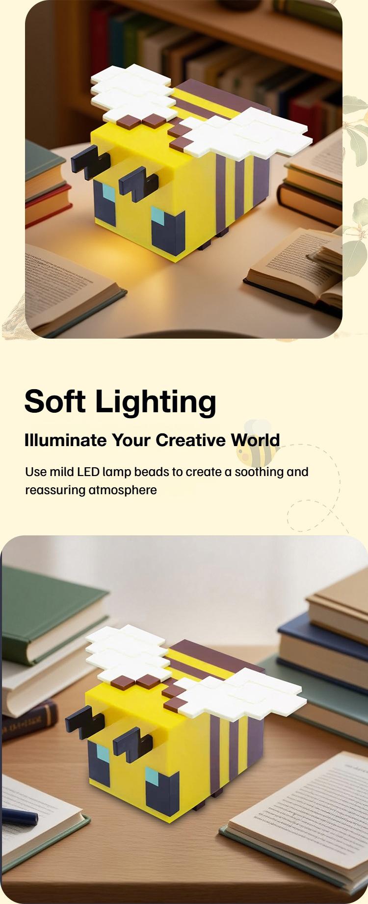 Bee Design Night Light USB Rechargeable Creative Blocks Decorative Light Novelty for Home Bedroom Gaming Room Gift for Boys Girls Unique Bee Design Nightlight