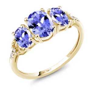 Gem Stone King 10K Yellow Gold Oval Blue Tanzanite and Diamond Accent 3-Stone Engagement Ring For Women | 1.67 Cttw | Three Stone Wedding Engagement Anniversary Promise Ring For Women