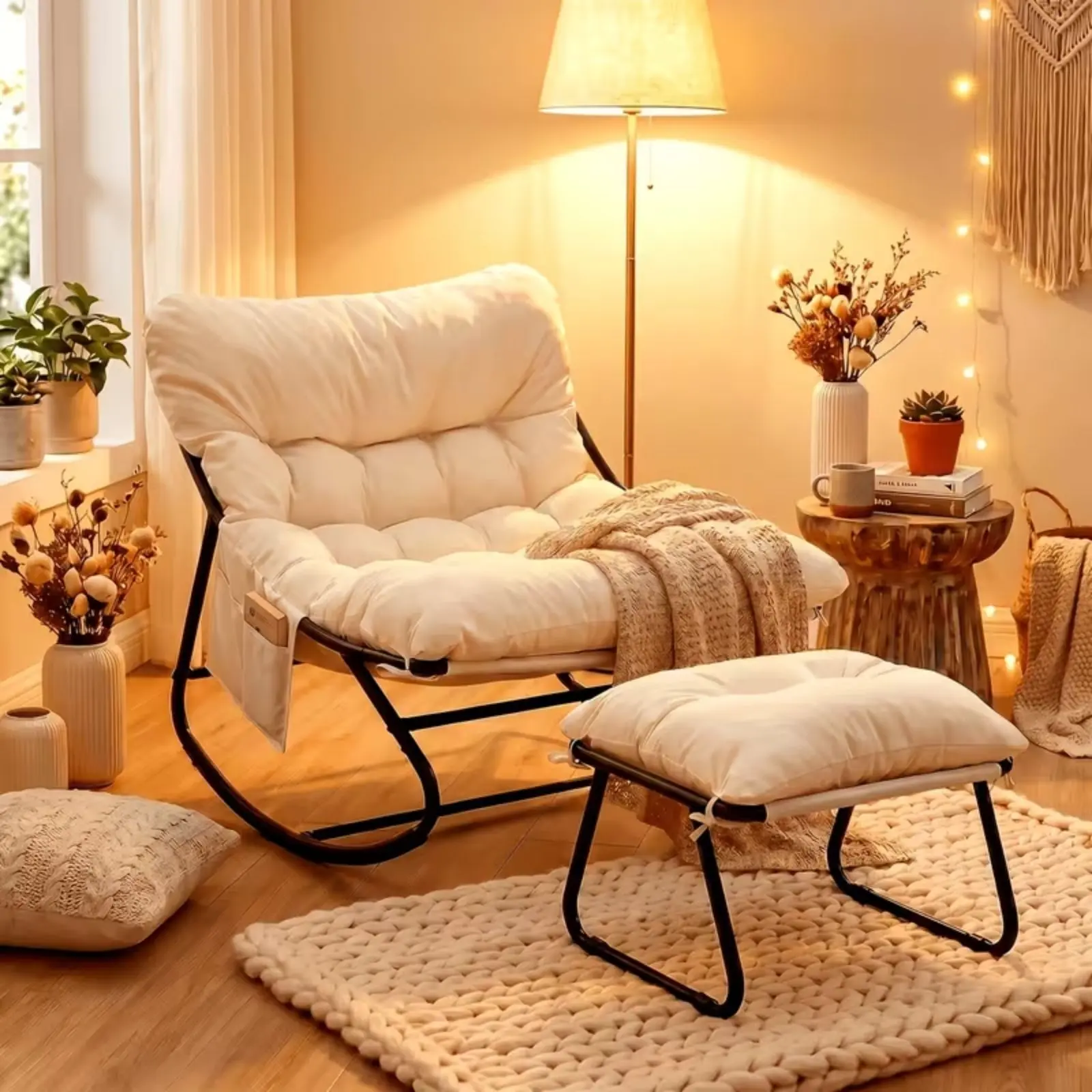 MAMIZO Oversized Papasan Outdoor Rocking Chair with Ottoman, Thick Cushion & Sturdy Metal Frame - Outdoor Lounger for Porch, Balcony, Backyard Bedroom Garden, Balcony Outdoor