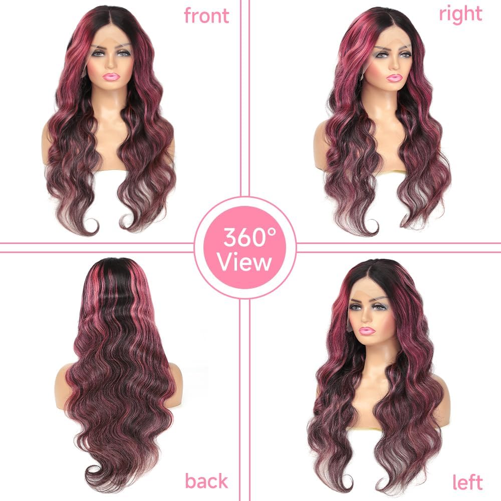Highlight Ombre Lace Front Wig Human Hair 13x6 Body Wave 1B/Pink Colored Lace Front Wig Human Hair Pre Plucked With Baby Hair Black And Pink Wig Human Hair 200% Density 34 Inch Skunk Stripe Wig