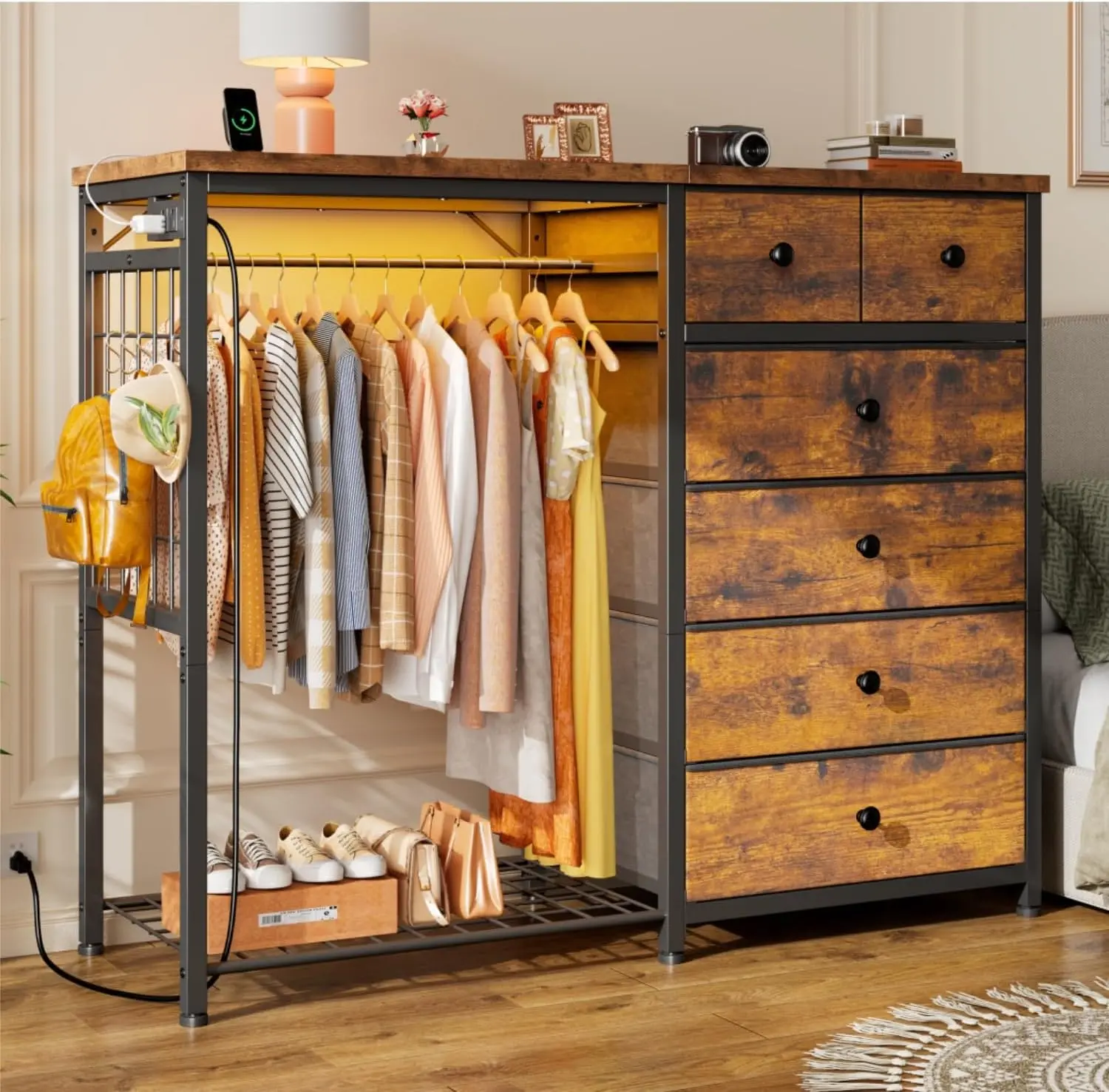 49.2" W Dresser with Hanging Rack & 6 Fabric Drawers for Bedroom, Featuring LED Lights and Charging Station, White Fabric Dressers & Chest of Drawers with Grid Panel & 4 Hooks, Wooden Top