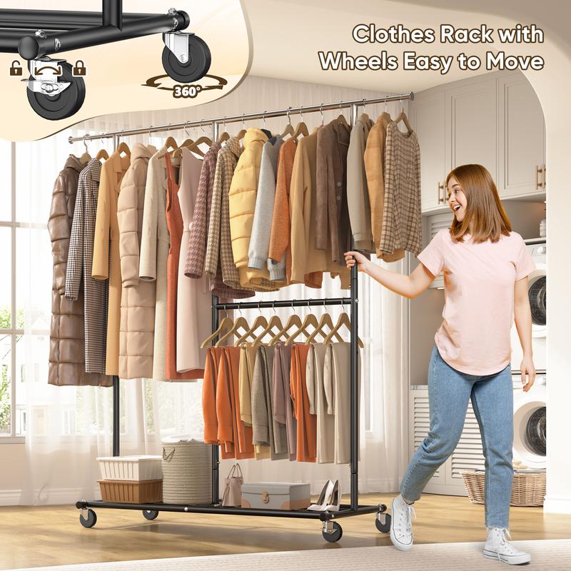Raybee Gold Heavy Duty Clothes Rack with Wheels, Adjustable & Portable Rolling Clothing Racks for Closet, Bed Room, Laundry Room, Commercial Use