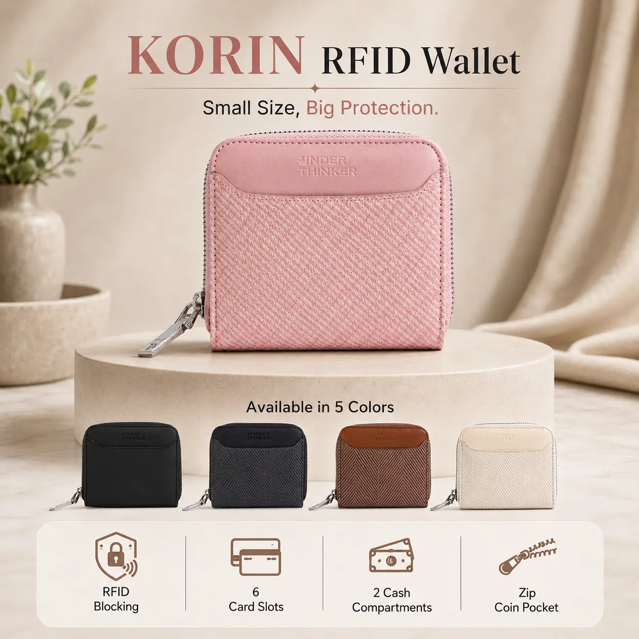 UNDER THINKER KORIN RFID Blocking Small Wallet for Women, PU Leather Zip Around Compact Wallet with 6 Card Slots, 2 Cash Compartments, Zipper Coin Pocket, External Card Pocket SIMP