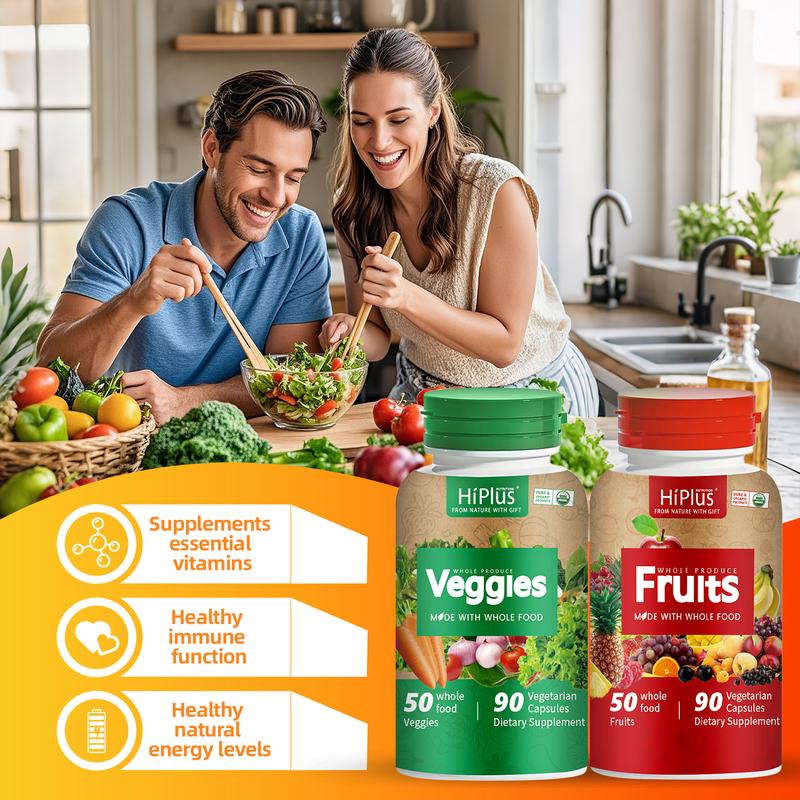 HiPlus Fruits and Veggies Supplement - 90 Fruit and 90 Veggie Capsules, Supports Energy Levels, High Lycopene, Vitamins & Minerals - Winter vitamins