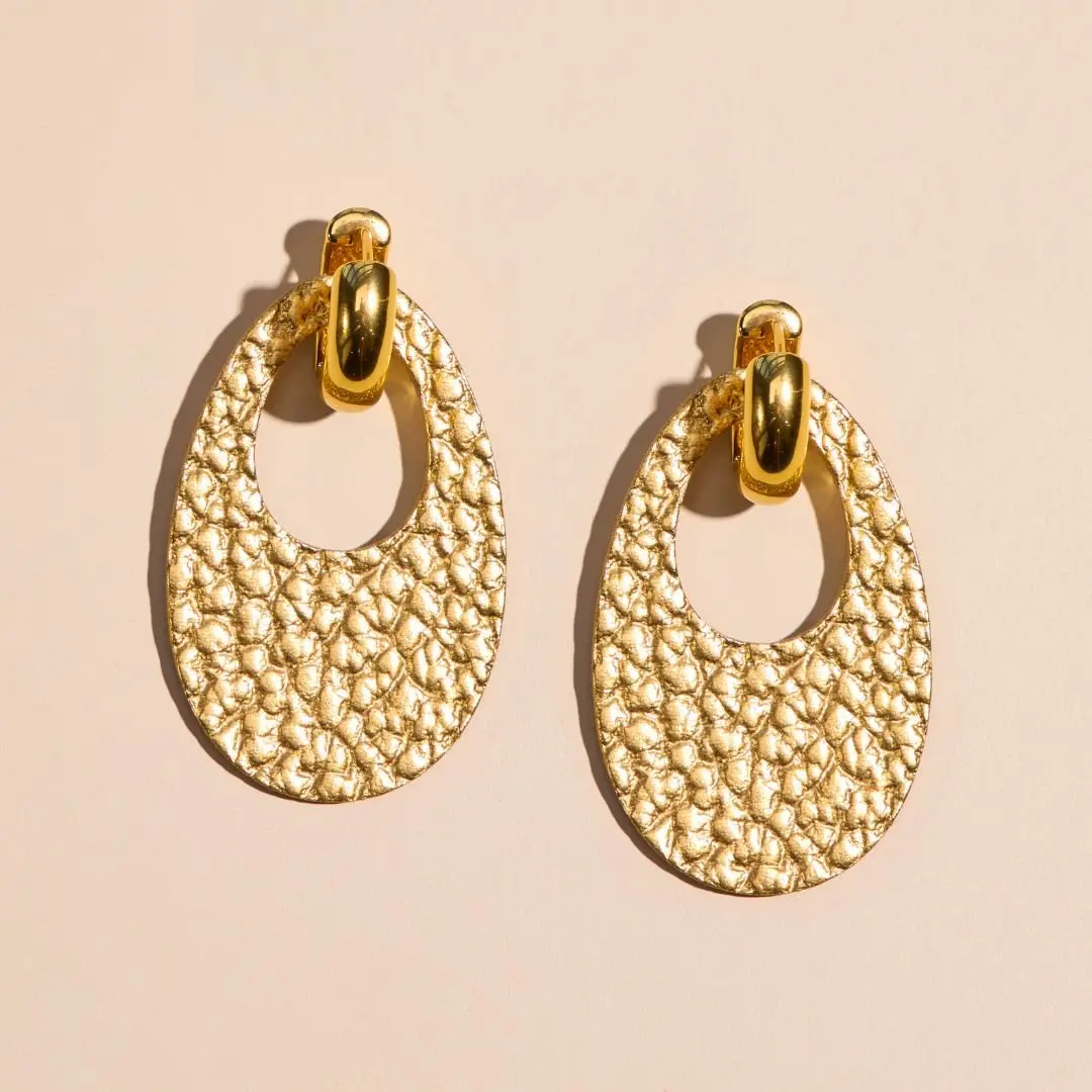 Hammered Gold Olivia Leather Hoop Earrings