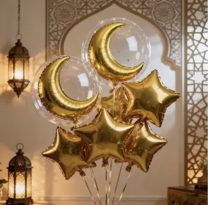 A Set of 10 Gold-Colored Moon And Star Foil Balloons And Transparent Bubble Balls, Perfect for Eid Celebrations, Iftar Dinners, And Community Events During Ramadan