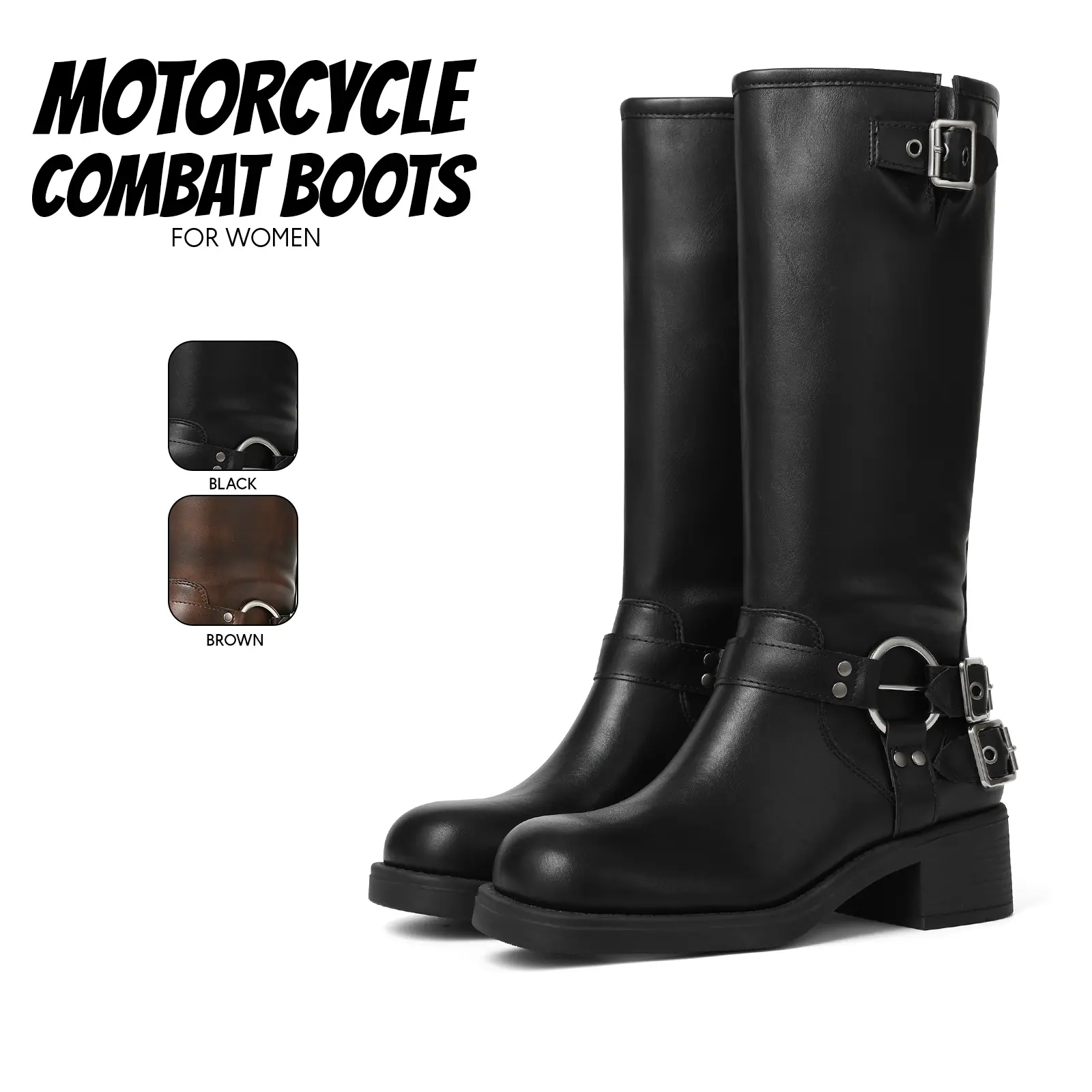Motorcycle Combat Boots for Womens Round Toe Chunky Block Heel Easy Pull on Wide Calf Riding Fashion Metallic Buckles Design Casual Vintage Rivet Work Party Riding Outdoor Events Dressy Shoes