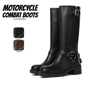 Motorcycle Combat Boots for Womens Round Toe Chunky Block Heel Easy Pull on Wide Calf Riding Fashion Metallic Buckles Design Casual Vintage Rivet Work Party Riding Outdoor Events Dressy Shoes Deals For You Days
