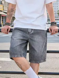 SRETOUU Men's Vintage Washed Denim Shorts Relaxed Fit Streetwear Knee-Length Jeans Breathable Cotton for Summer Casual Wear Straight Classic Menswear