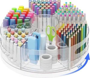 Rotating Desk Organizer, 360 Acrylic Pen Organizer for Desk with 7 Removable Compartments, Extra-Large Pen Holder for Office Supplies, Markers, and Art Supplies, Clear Pencil Holder