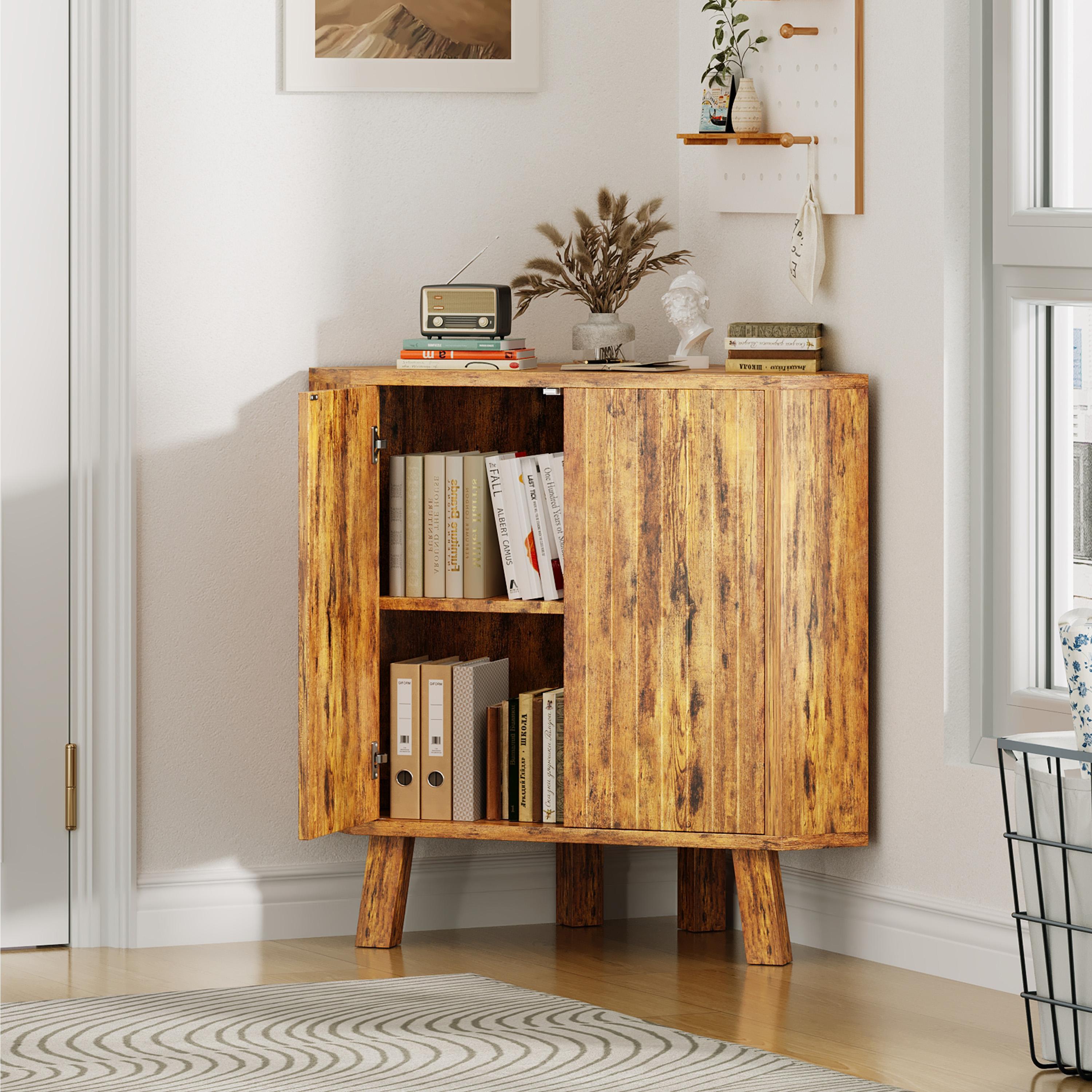 31.5'' Corner Cabinet with Doors, 3-Tier Industrial Fluted Corner Shelf with Adjustable Shelf, Freestanding Triangle End Table for Living Room, Bedroom, Kitchen, Bathroom 31.5'' Corner Cabinet with Doors, 3-Tier Industrial Fluted Corner Shelf with Adjustable Shelf, Freestanding Triangle End Table for Living Room, Bedroom, Kitchen, Bathroom