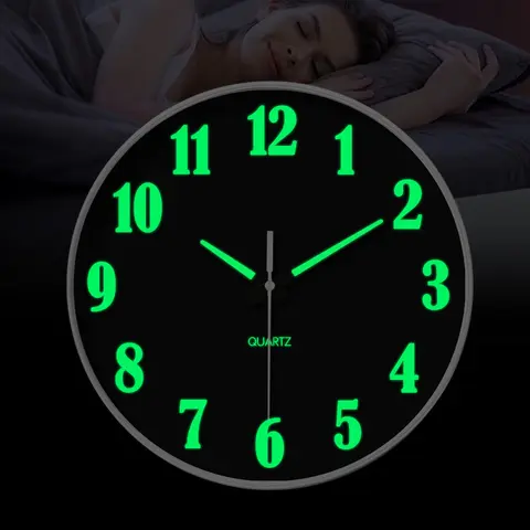 ConstantPlanet Luminous Night Light Analog Clock - Silent Quartz, Black Round (5-10in Diameter), Battery-Powered, Large Digital Display, Glass-Plastic-Metal Build, Traditional Decoration, Wall Decor for Living Room-Bedroom, Christmas Gift