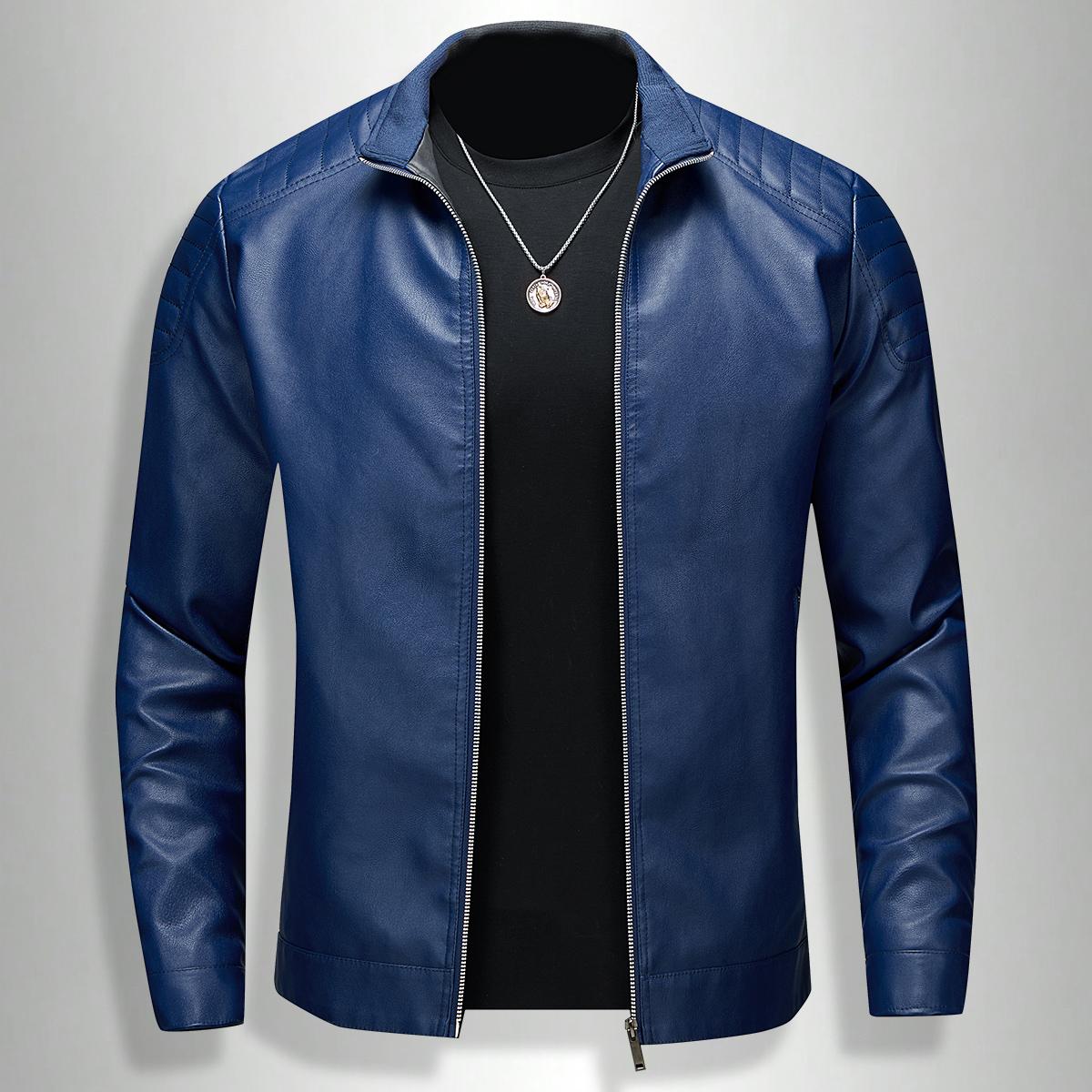 Men'S Slim-Fit Faux Leather Bomber Jacket - Black, Blue, Zip-Up , Long Sleeves, Casual & Versatile for Daily Wear, Casual Outerwear | Minimalist Jacket | Polyester Lined Jacket,  Menswear Tops Coats ,Stylish Zipper