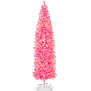 Best Choice Products Pre-Lit Pink Artificial Christmas Tree, Holiday Pencil Tree w/ Metal Stand