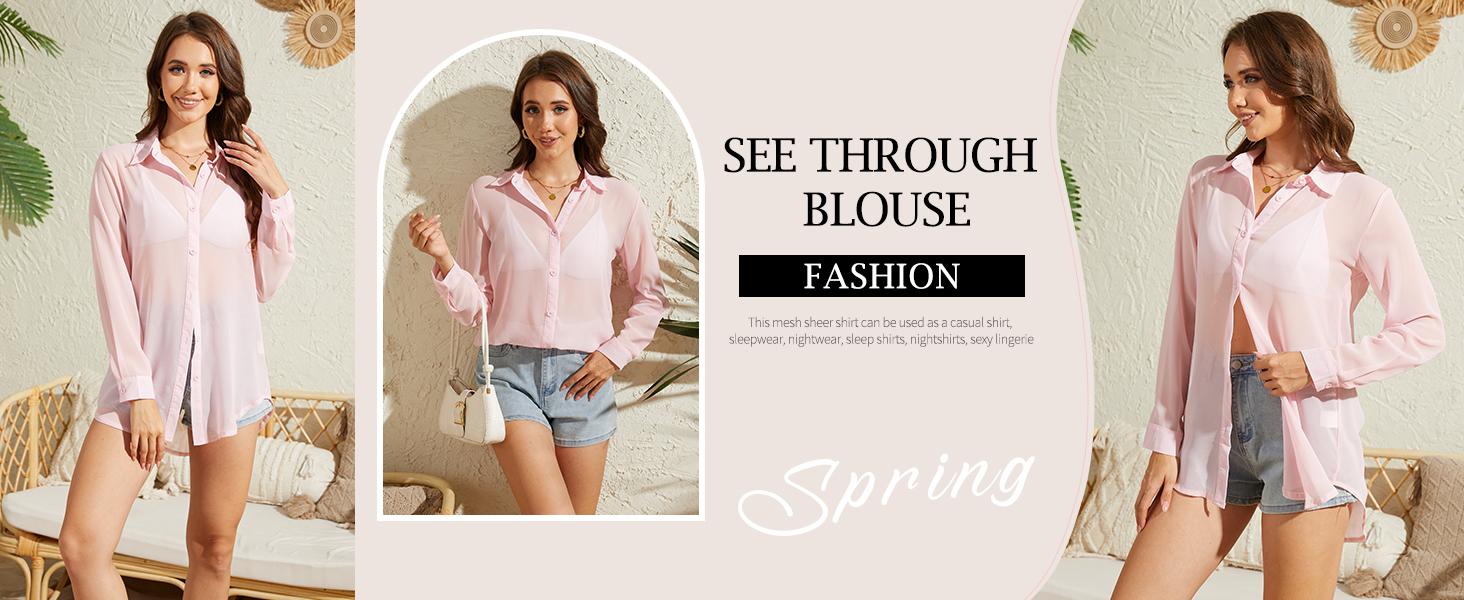 SHEEN Women's Long Sleeve Sexy See Through Top Fashion Black Trendy Mesh Blouse Vintage Casual Cute Summer Outfit Comfortable Fit Oversized Shirt Sheer Button Up Blouse Mesh Shirt