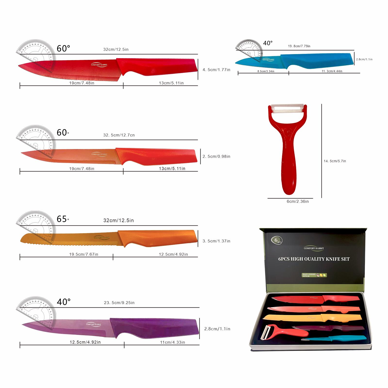 Comfort  6 Piece Kitchen Set – Chef Power Set with Non-Slip Handles & Steel Blades – Includes Chef, Santoku, Slicing, Utility, & Paring Knives – Durable & Sharp – High Carbon Stainless Steel – Non-Stick & Anti-Rust Coating – Ergonomic Handles